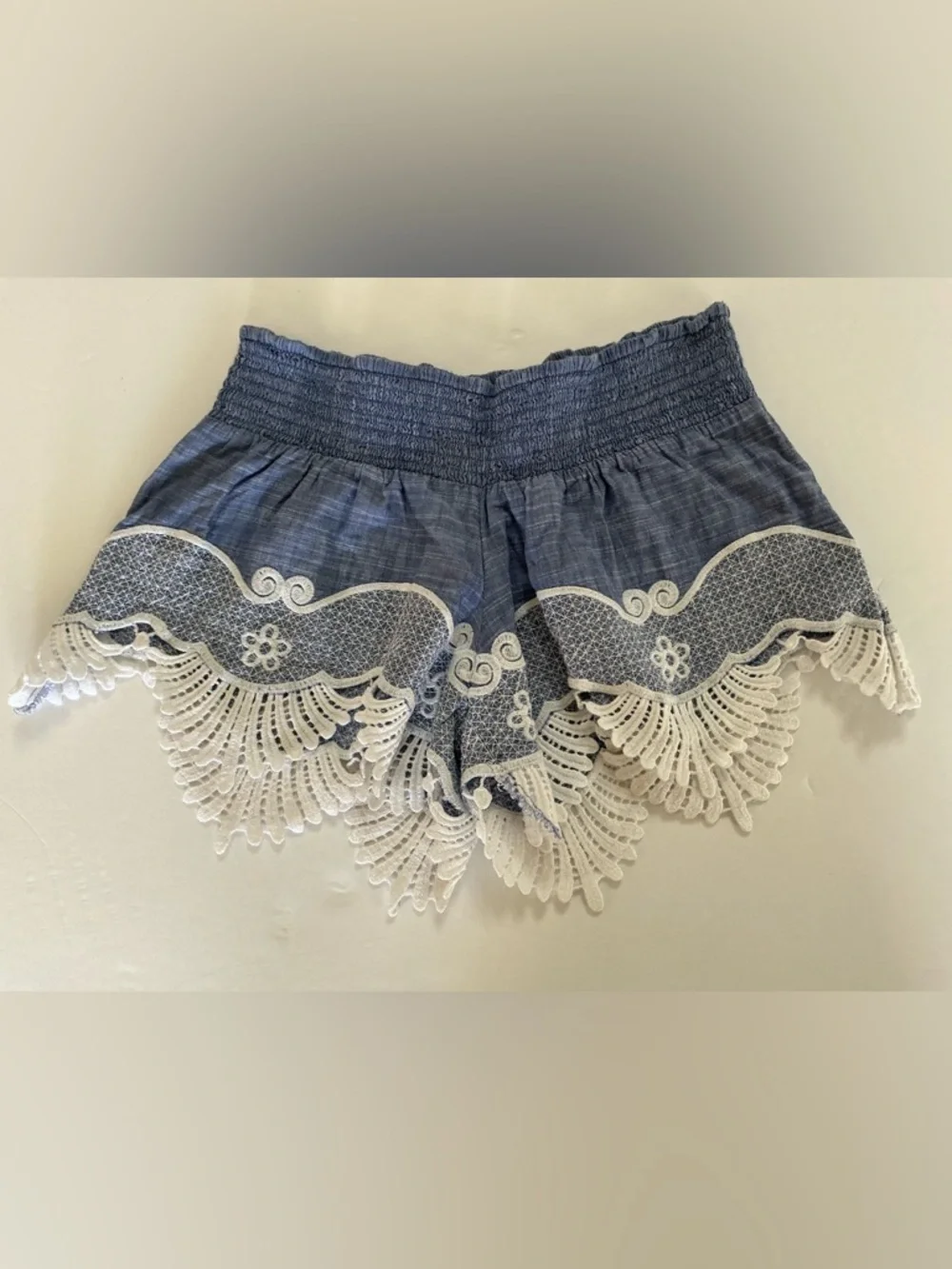 Rip Curl High-Waist Chambray Shorts with White Lace Trim
